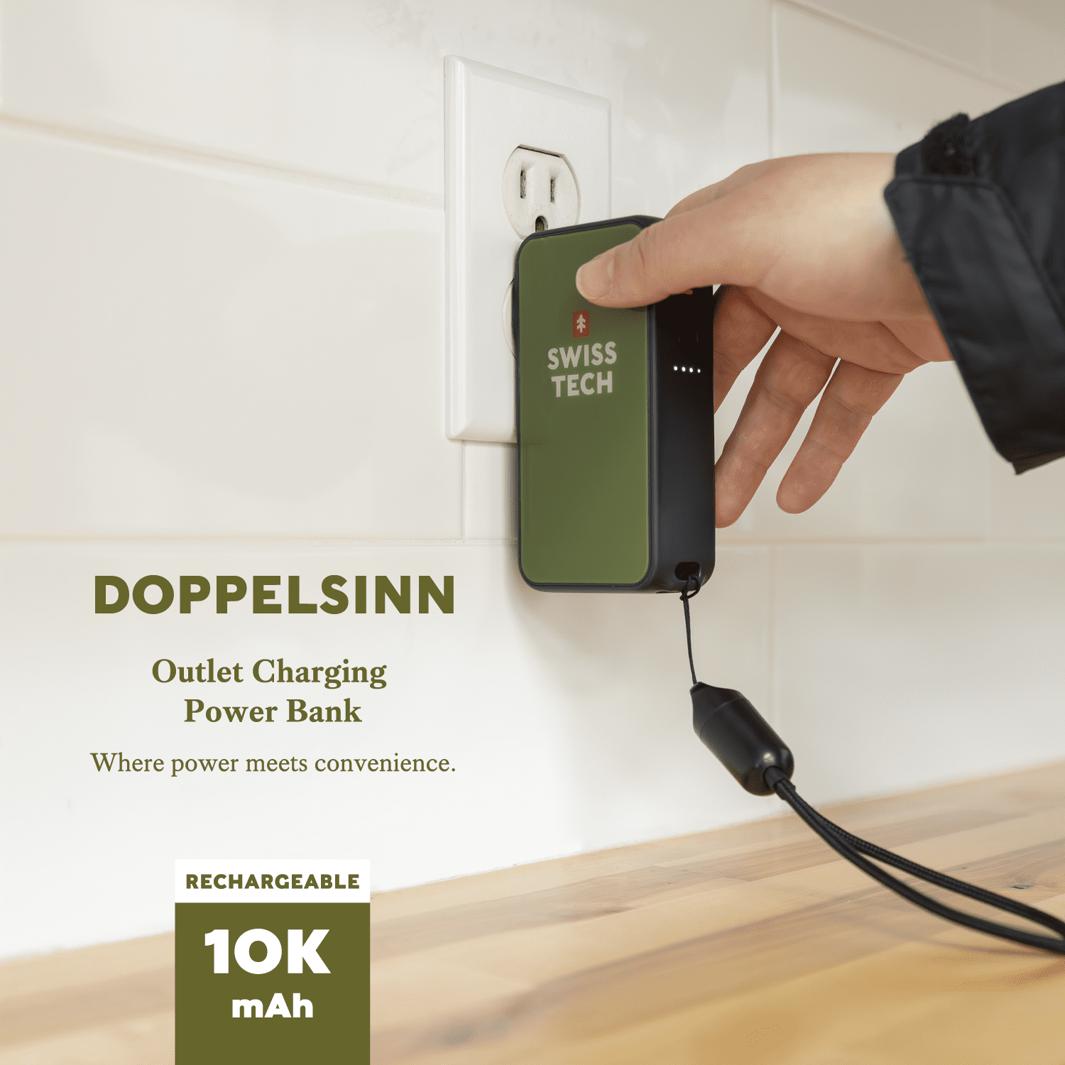 Swiss Tech 10000 mAh Portable Power Bank, 20W Fast Charge, Built-in Lanyard Charging Cord