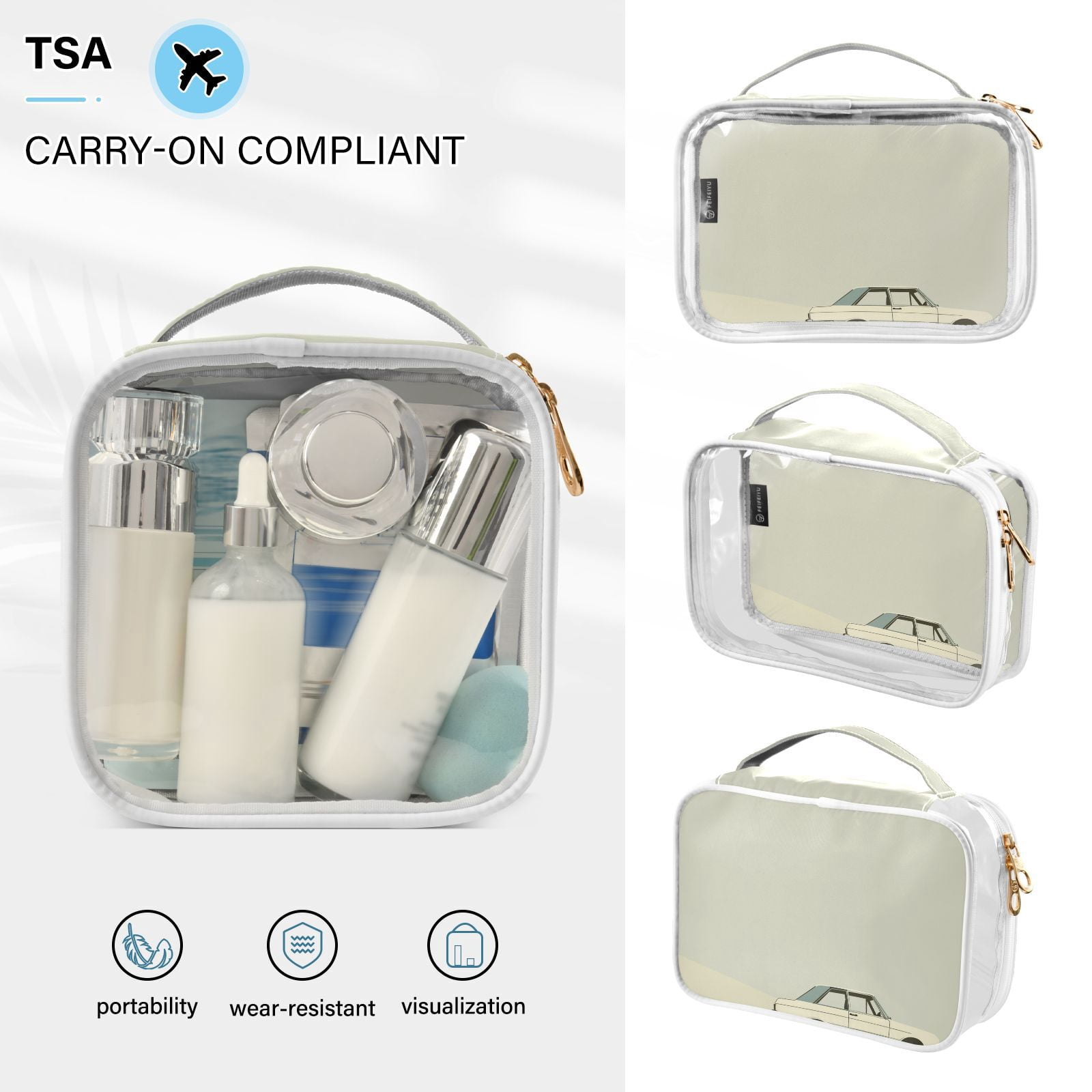 Clear Makeup Bags with Handle Large Opening 2 Pack Set Toiletry Bag Quart Size Bag, for Women Man Traveling Travel Essentials, Toiletries and Other. Hand Drawing Car Spring Grass
