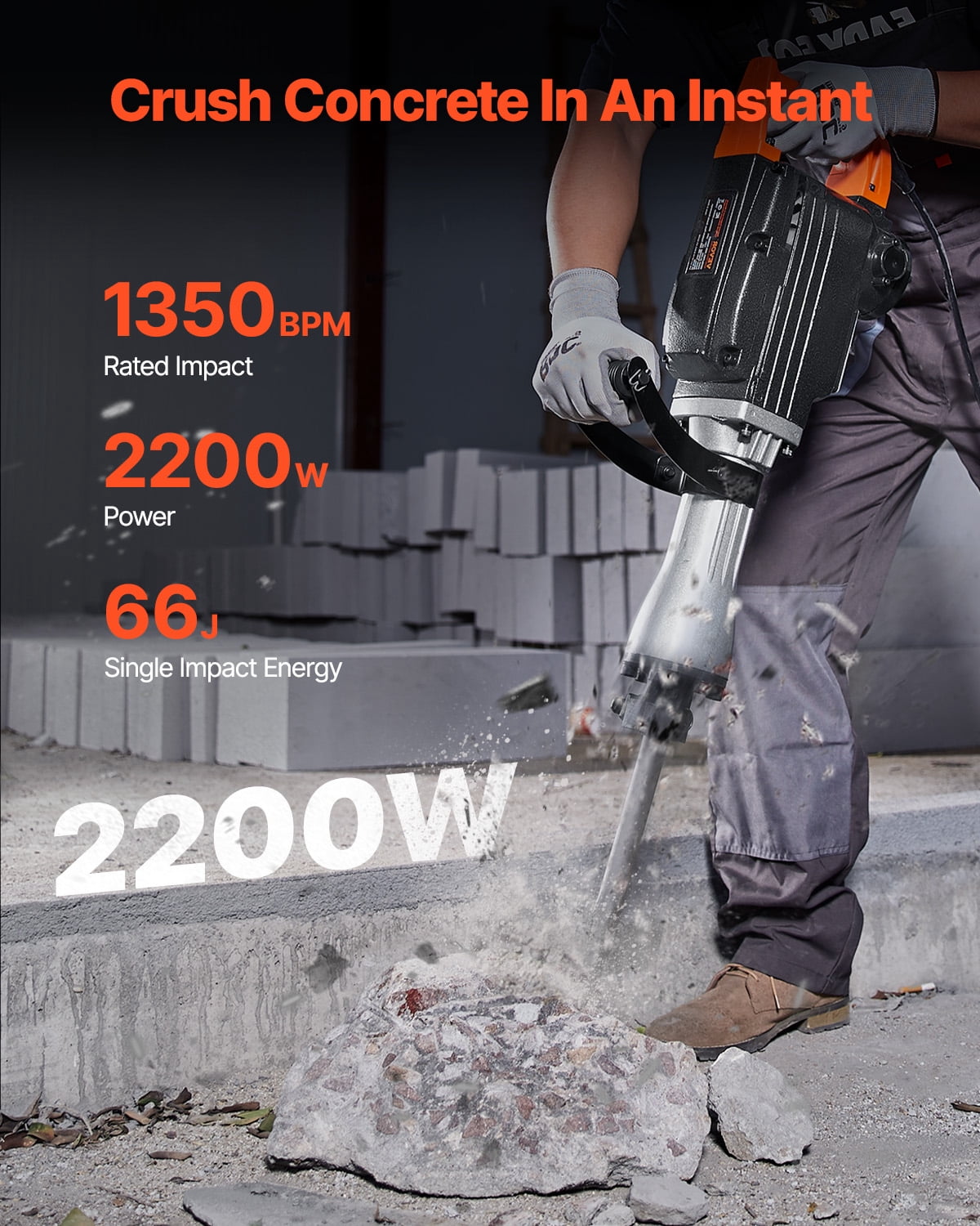 VEVOR Demolition Jack Hammer, 2200W Electric Jackhammer Heavy Duty, 1350 BPM Concrete Breaker, 2pcs Chisels Bit Chipping with Case, Black
