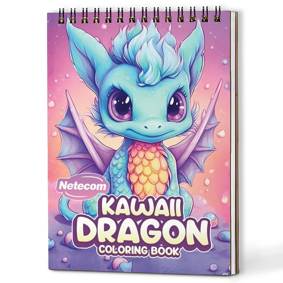 Netecom Kawaii Dragons Coloring Book Spiral Bound for Adults, A5 Wooden Cover, 30 Adorable Dragon Coloring Pages of Whimsical Creatures for Stress Relief and Relaxation