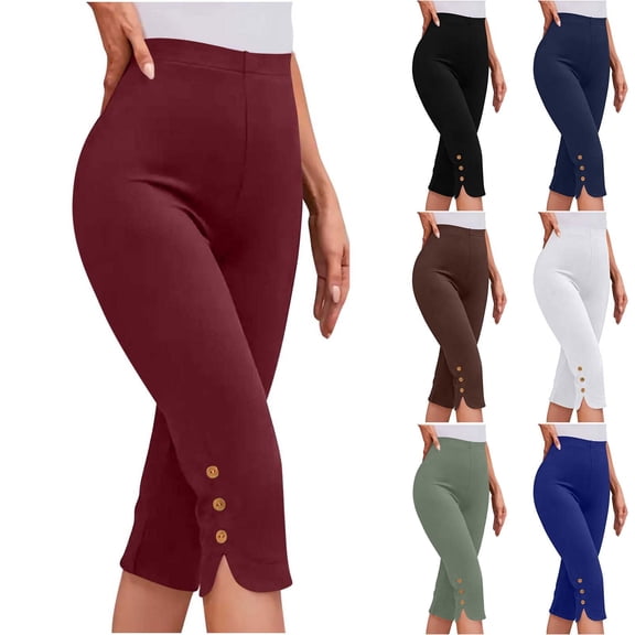 VBVC Women's High Waisted Button Split Hem Capri Pants,Stretchy Slim Fit Casual Bottoms For Women,Ladies Comfy Dressy Knee-Length Trousers,White,S-3XL