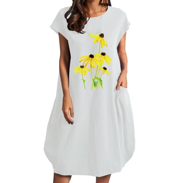 Vestido estampado de cuello redondo de manga corta de color sólido para mujer con bolsillos Vestido a media pierna Fridja bnh1886
