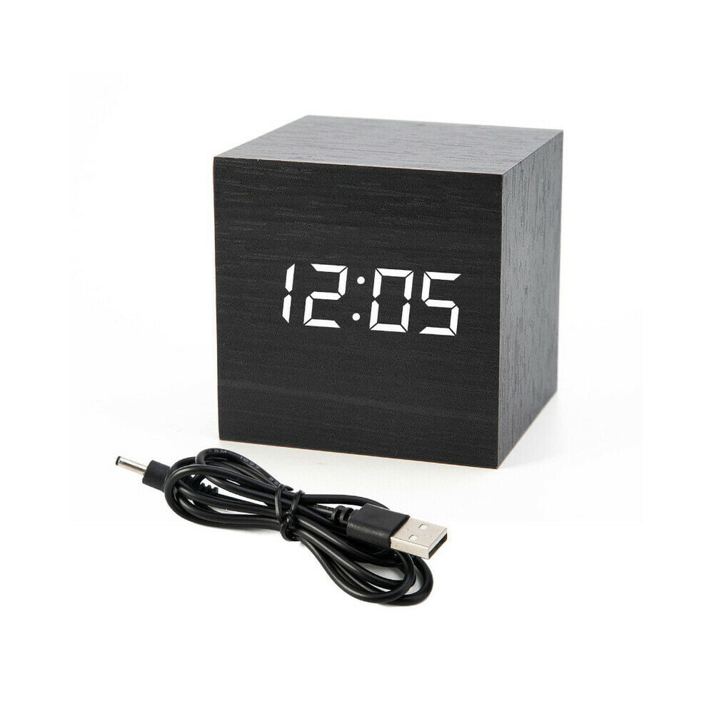 Modern Cube Wooden Wood Digital LED Desk Voice Control Alarm Clock FO 