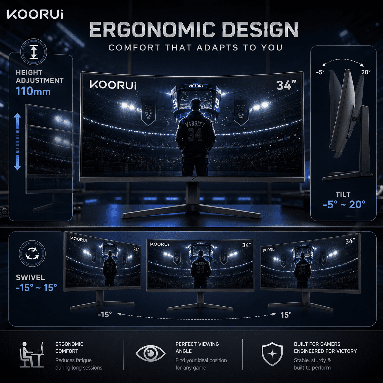 KOORUI 34''  WQHD Curved Gaming Monitor, 180Hz Ultrawide Monitor, 3440×1440p 1ms(MPRT) HDR400, Black