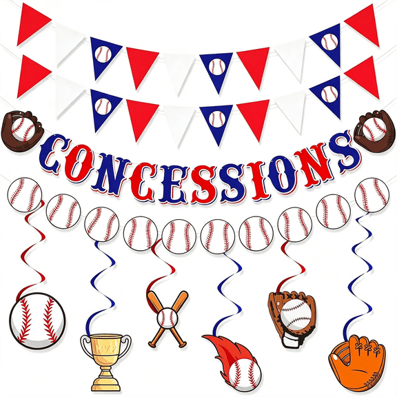 CCOCC Baseball Party Decorations Baseball Concessions Banner Triangle Bunting Pennant Flag Decor with Hanging Swirls Garland for Sports Themed Birthday Party Supplies