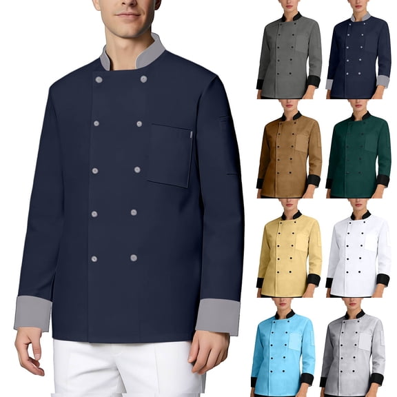 Unisex Chef Coat Long Sleeves Sleeves Double-Breasted Kitchen Chef Uniform Navy XS