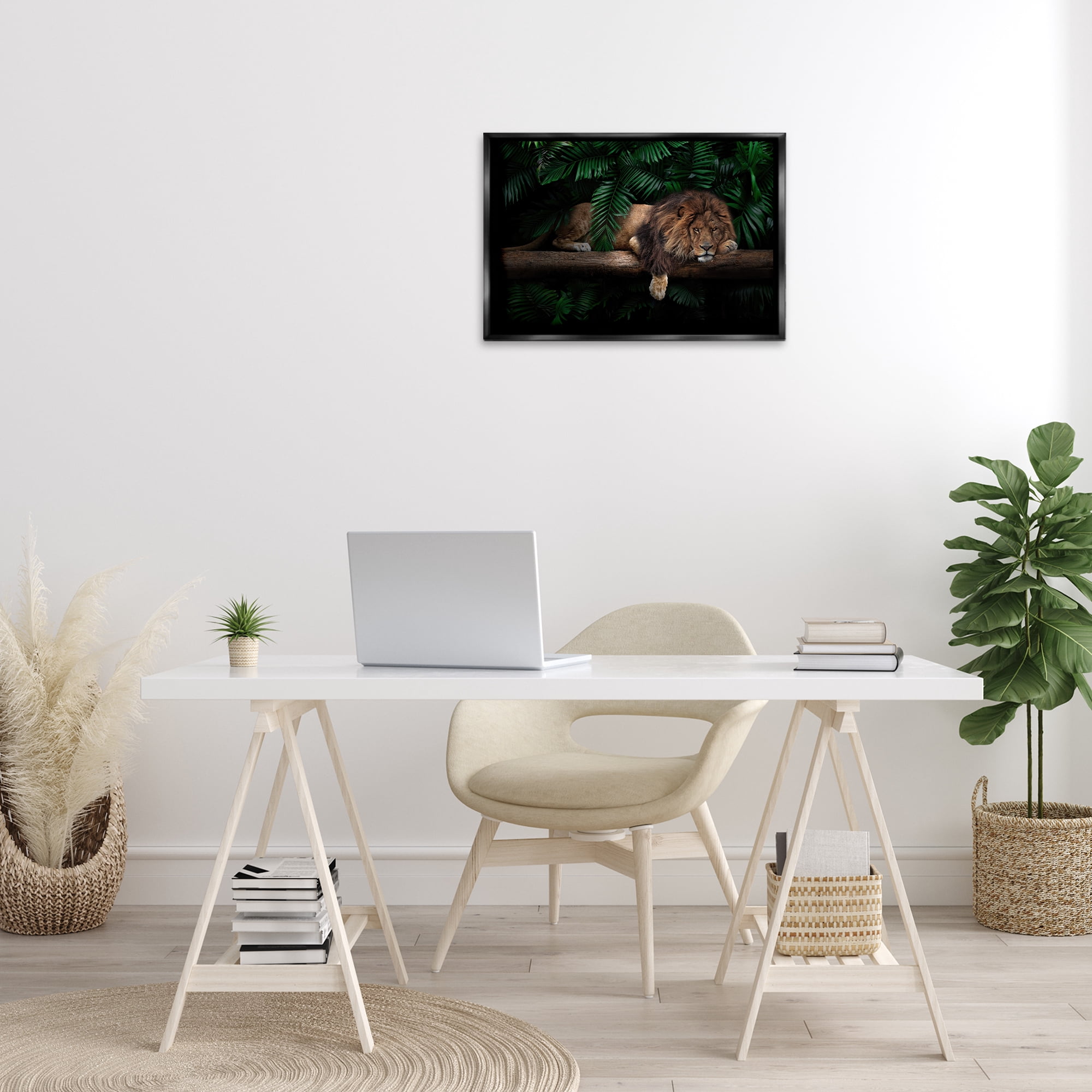 Stupell Industries Lion on Tropical Branch Animals Painting Black Floater Framed Canvas Art Print Wall Art, 25 x 17