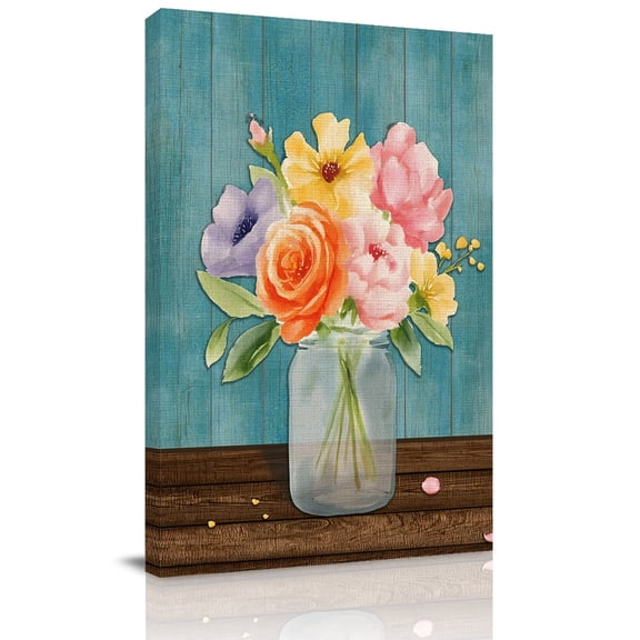 Canvas Wall Art Floral Vase Canvas Art Print Watercolor Colored Floral Vase Teal Wood Grain Pictures Wall Decor for Living Room Bedroom Artwork Decorations Stretched Framed Ready to Hang 16"x20"