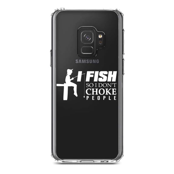 DistinctInk Clear Shockproof Hybrid Case for Samsung Galaxy S9 (5.8" Screen) - TPU Bumper Acrylic Back Tempered Glass Screen Protector - I Fish So I Don't Choke People