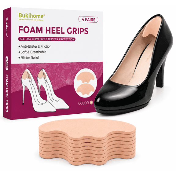 Bukihome Foam Heel Grips for Loose Shoes - Cushion Inserts for Friction Protection & Improved Fit, 4 Pairs