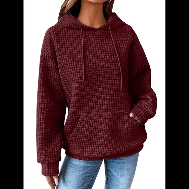 Sudadera con Capucha para Mujer, Informal, de Larga, con Cordón Ajustable, Estilo Waffle, Holgada, con Bolsillo Rojo Oscuro XXL