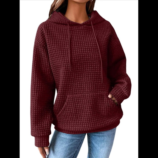 Sudadera con Capucha para Mujer, Informal, de Larga, con Cordón Ajustable, Estilo Waffle, Holgada, con Bolsillo Rojo Oscuro L