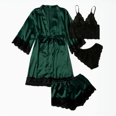 Levmjia Womens Pajama Sets Pajamas & Loungewear Summer Women Plus Size Sexy Lingerie Silk Robe Satin Bathrobe Four-piece Set Sleepwear Pajamas