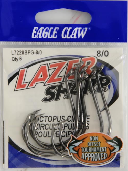 Eagle Claw Lazer Sharp Octopus Circle up Eye Non-Offset Fishing Hooks, Black, Size 8/0, 6 Pack