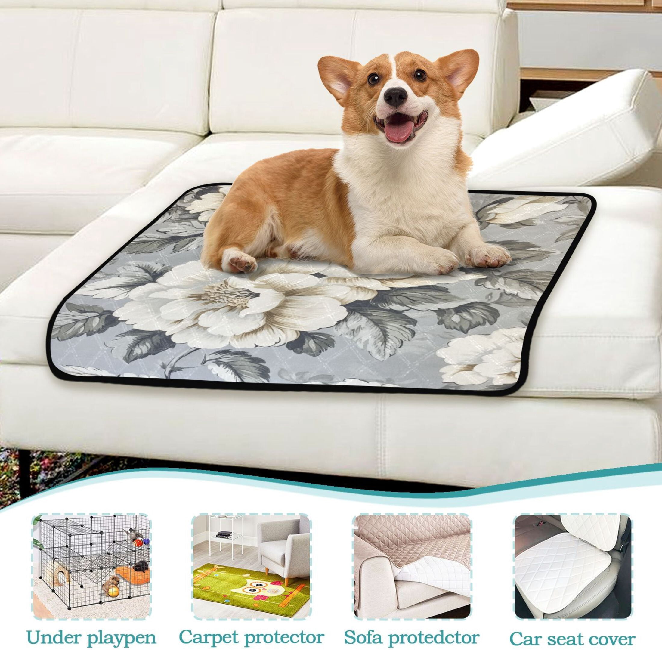 Qxltty White Peony Pattern Cat litter Pads Pet Set of 3 Diaper Mats Center Anti-leakage Layer Absorbent Soft and Comfortable