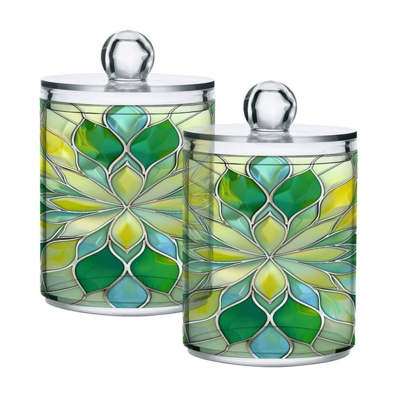 2 Pack Yellow Green Floral Stained Glass Qtip Holder Dispenser Clear Plastic Storage Apothecary Jars for Cotton Swabs Balls Pads Floss