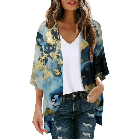 VBARHMQRT Green Cardigan Womens Floral Print Puff Sleeve Kimono Cardigan Loose Cover up Casual Shirt Top