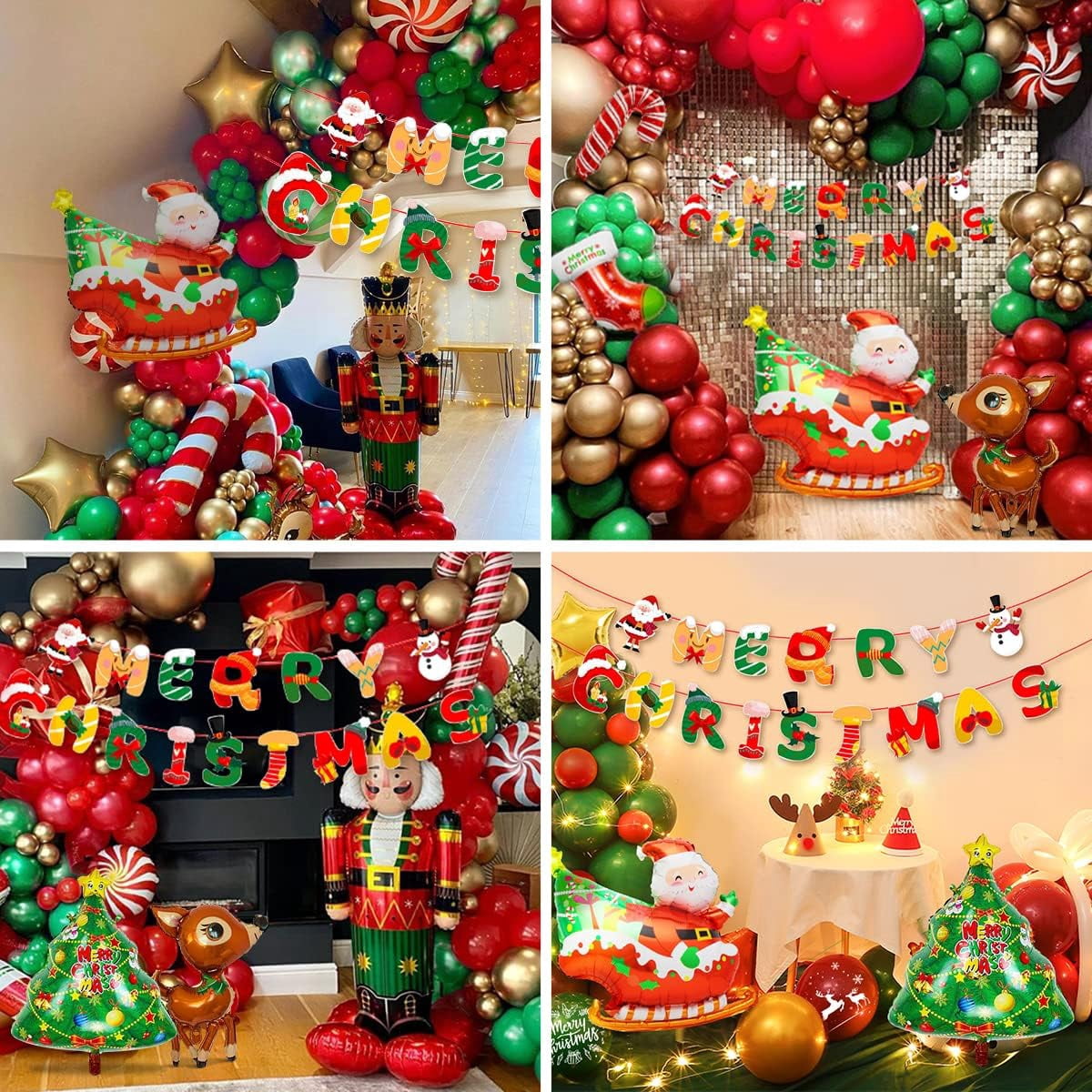 Christmas Balloon Garland, Christmas Balloon Arch with Red Green White Gold Merry Christmas Balloons Xmas Candy Cane Santa Elk Mylar Foil Balloons, Christmas Party Decorations