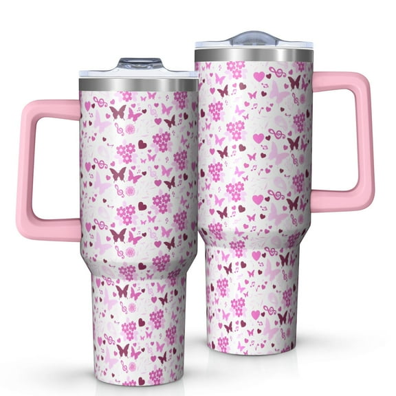 Pink Breast Cancer and Pioneer Flower Tumbler with Handle and Lid,40oz Double Wall Vacuum Insulated Tumbler,Cups Gift for Women and Men