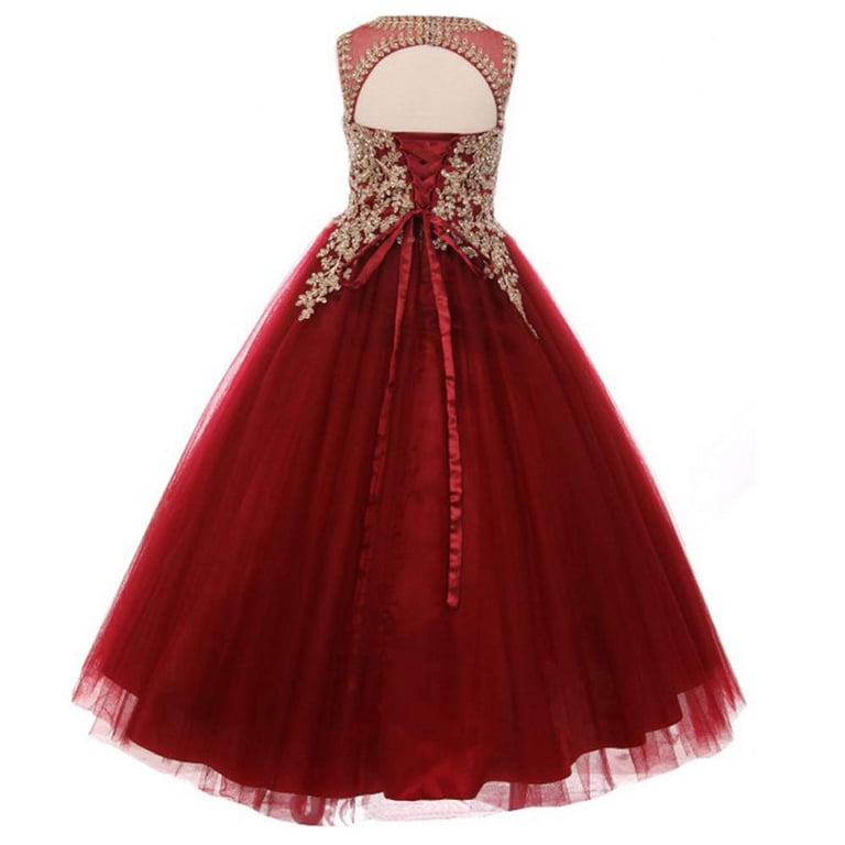 Girls Formal Long Pageant Dresses Prom Ball Gown Gold Lace Burgundy Tulle -  Walmart.com