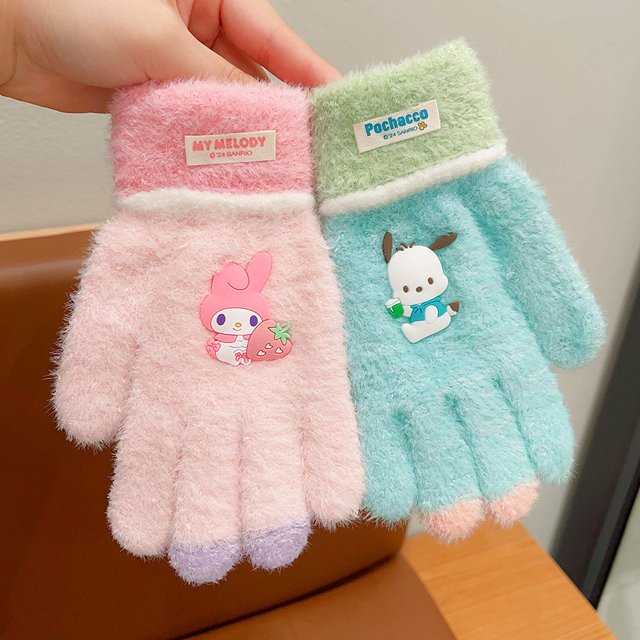 Guantes de invierno para niños con dibujos animados Kulomi Plus, juego de dedos de terciopelo cálidos y gruesos para bebés, juego de cinco dedos Sanrio para niños y niñas