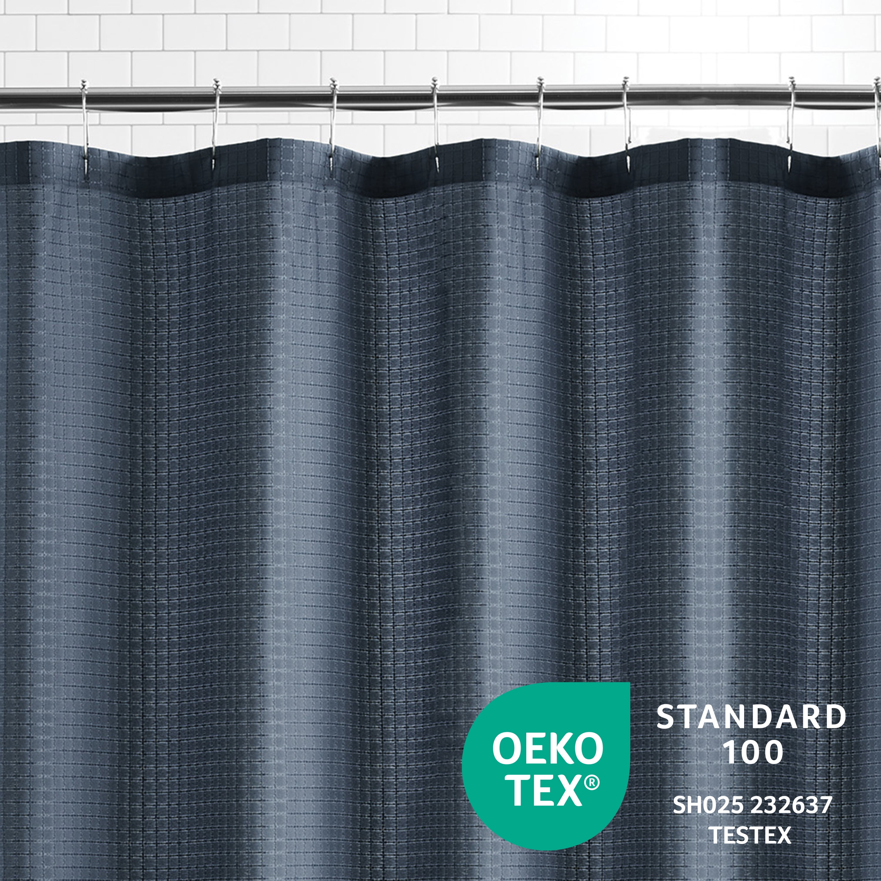 (3 pack) Mainstays Eco-Friendly Waffle-Weave Fabric Shower Curtain, Recycled Polyester, 72” x 72”, Navy Blue
