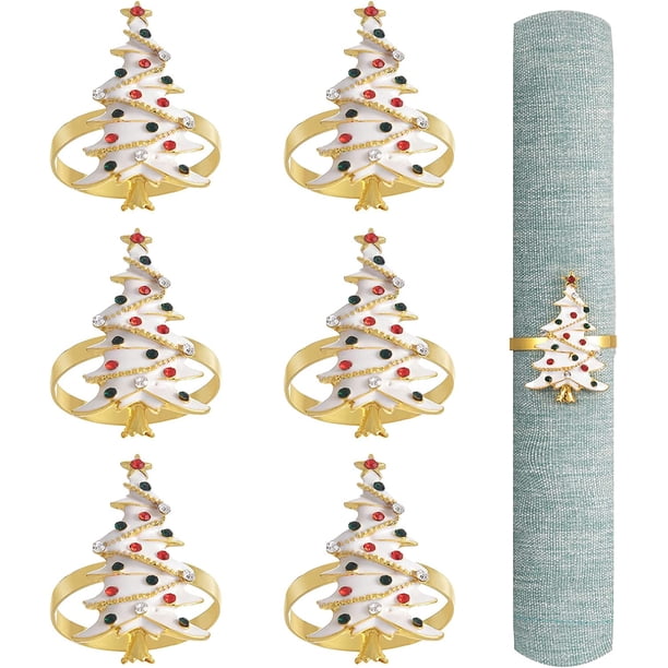 Juego de 6 anillos para servilletas, anillos para servilletas para la cosecha, Acción de Gracias, decoraciones de mesa navideñas, bodas, cenas, fiestas, decoración de bricolaje (árbol de Navidad)