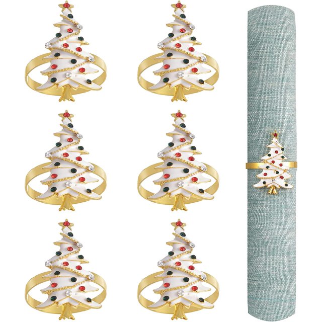 Juego de 6 anillos para servilletas, anillos para servilletas para la cosecha, Acción de Gracias, decoraciones de mesa navideñas, bodas, cenas, fiestas, decoración de bricolaje (árbol de Navidad)