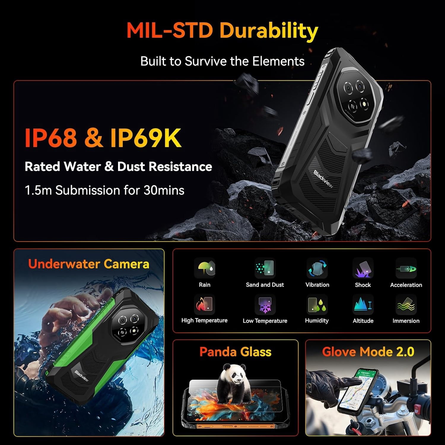 Blackview FORT 1 Rugged Phones, 6.56-inch Android 15 AI Smart Phone 4GB RAM 128GBROM,11000mAh Cellphones-Black/Green/Orange