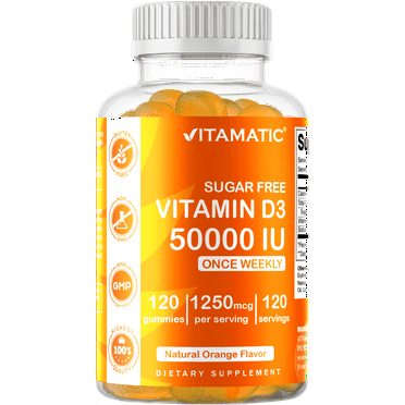 Vitamatic Sugar Free Vitamin D3 50,000 IU Weekly Supplement - 120 Pectin Based Gummies - Vitamin D Capsules for Bones, Teeth, and Immune Support