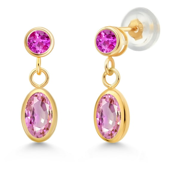 Gem Stone King 14K Yellow Gold Pink Sapphire Drop Dangle Earrings for Women (1.47 Cttw, Gemstone Birthstone, Oval 6X4MM, Round 3MM)