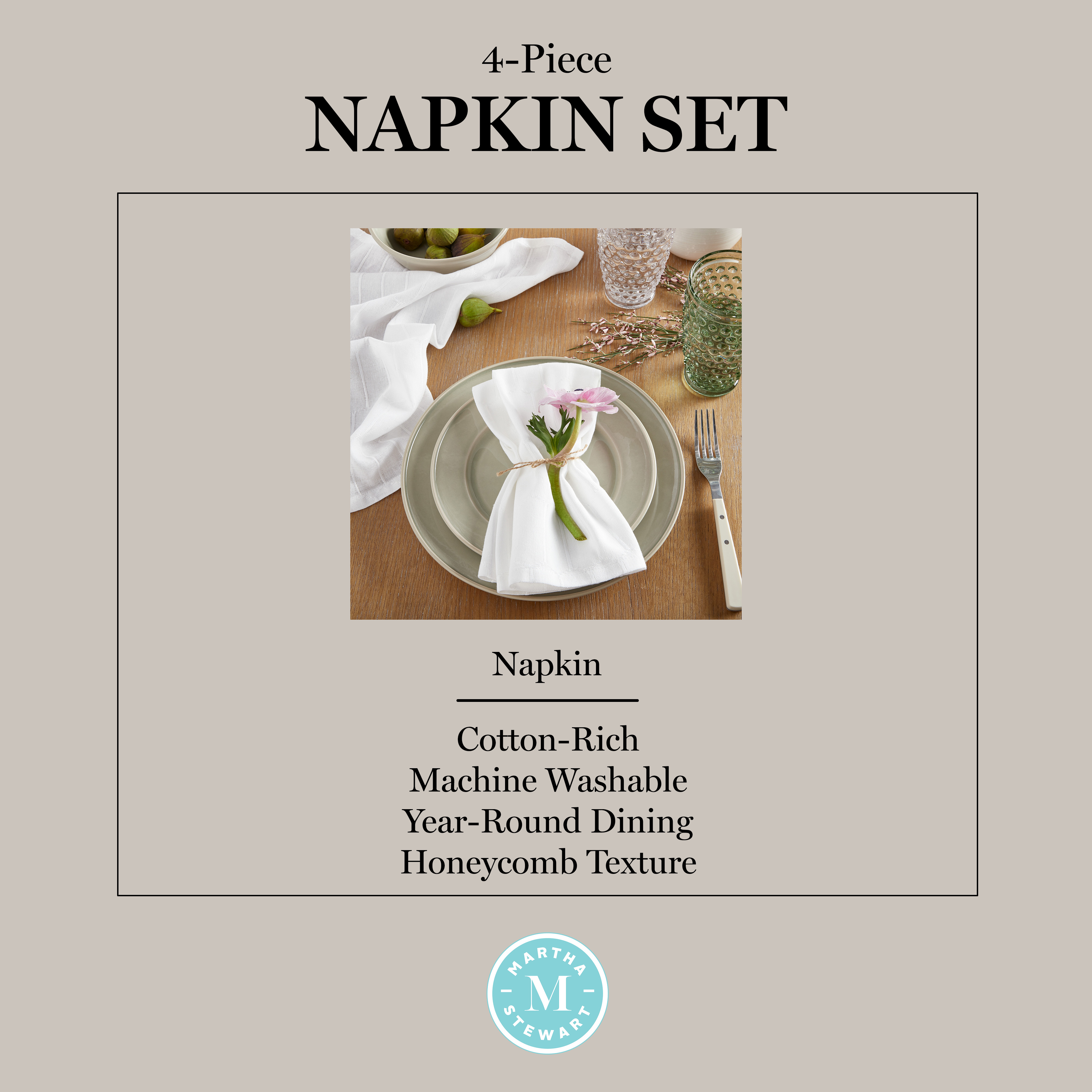 Martha Stewart Honeycomb Modern Farmhouse Napkin 4-Pack Set, White, 19"x19"