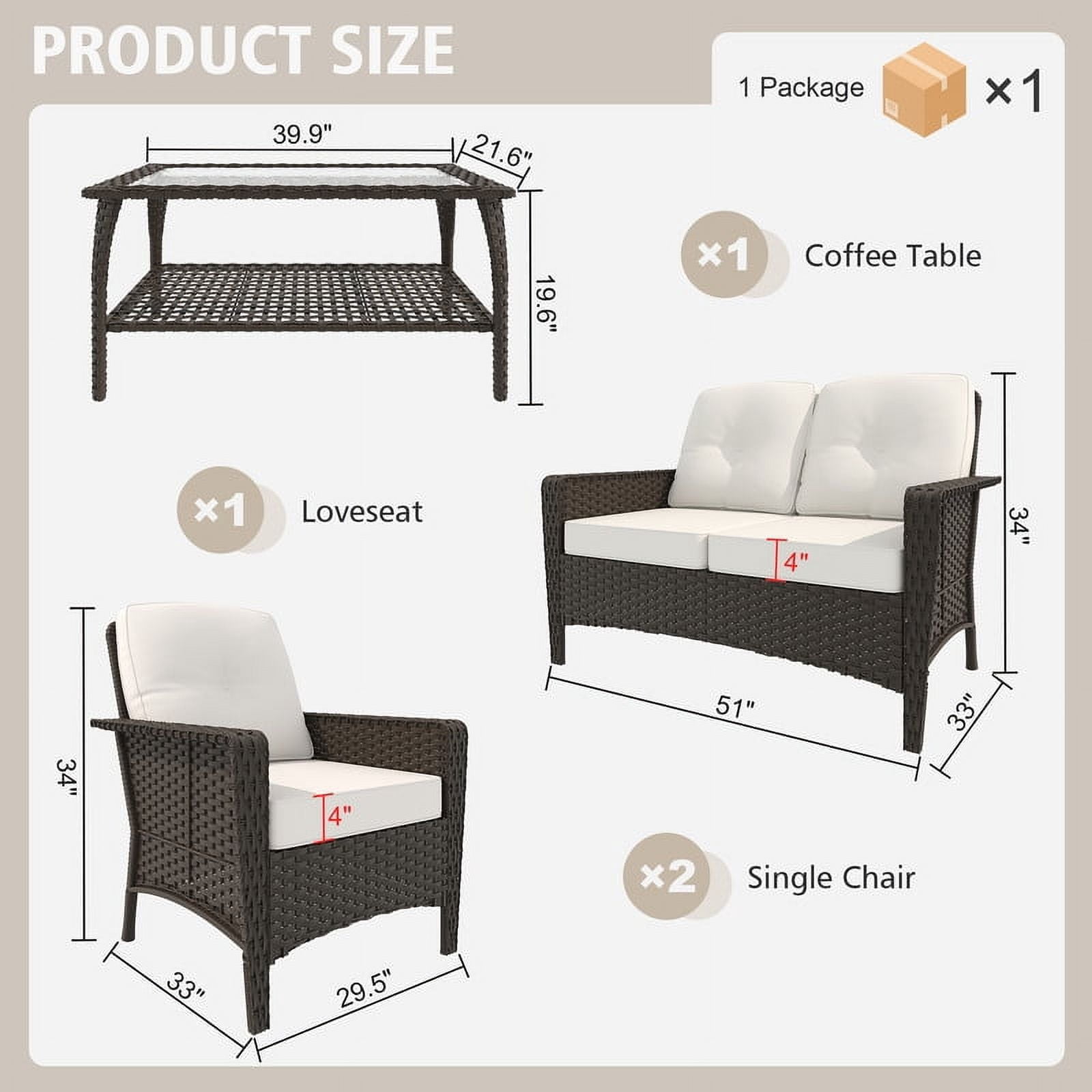 GAZEBETER 4 Piece Outdoor Patio Furniture Set,Wicker Patio Conversation Sets of 4,PE Rattan Wicker Table and Chairs Set with Cushions,Beige