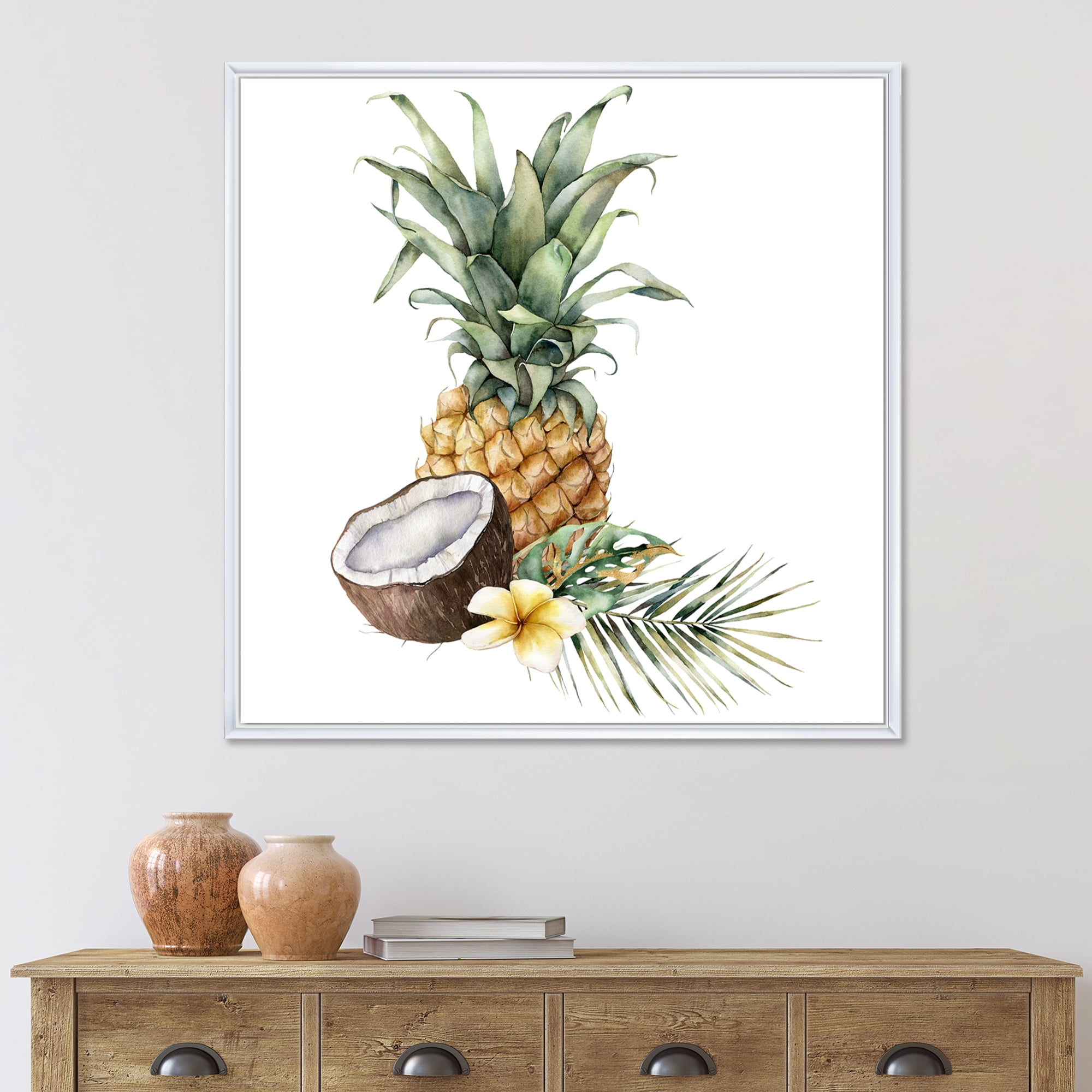 Designart 'Pineapple With Plumeria Coconut and Palm Leaves' Traditional Framed Canvas Wall Art Print