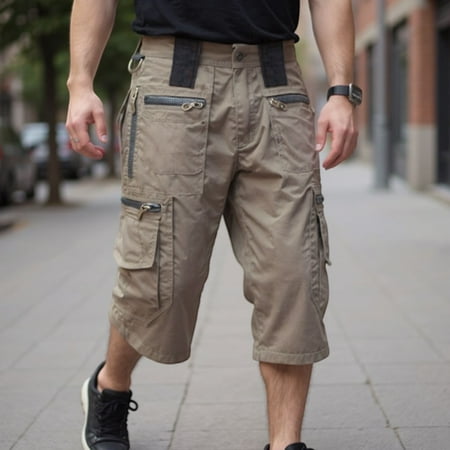 Nestiefly Cargo Capri Shorts for Men Elastic Waist Wide Leg Loose Outdoor Long Pants Below Knee 3/4 Compression Fishing Shorts with 7 Pockets Light Brown 2XL