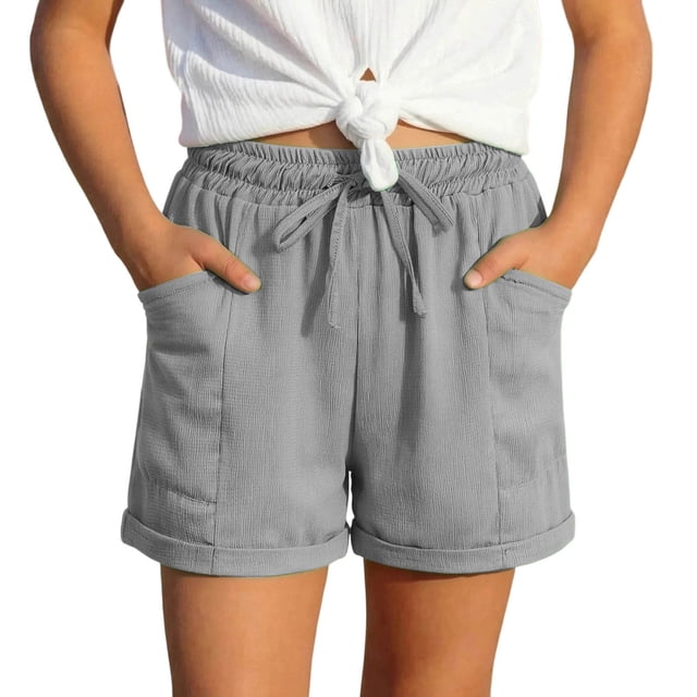 LUOGENLI Shorts Athlétiques pour Filles Rouges Shorts Décontractés pour Filles avec Poches Mode Confortables Taille Élastique Été Jeu (Gris Taille 10-11 Ans)