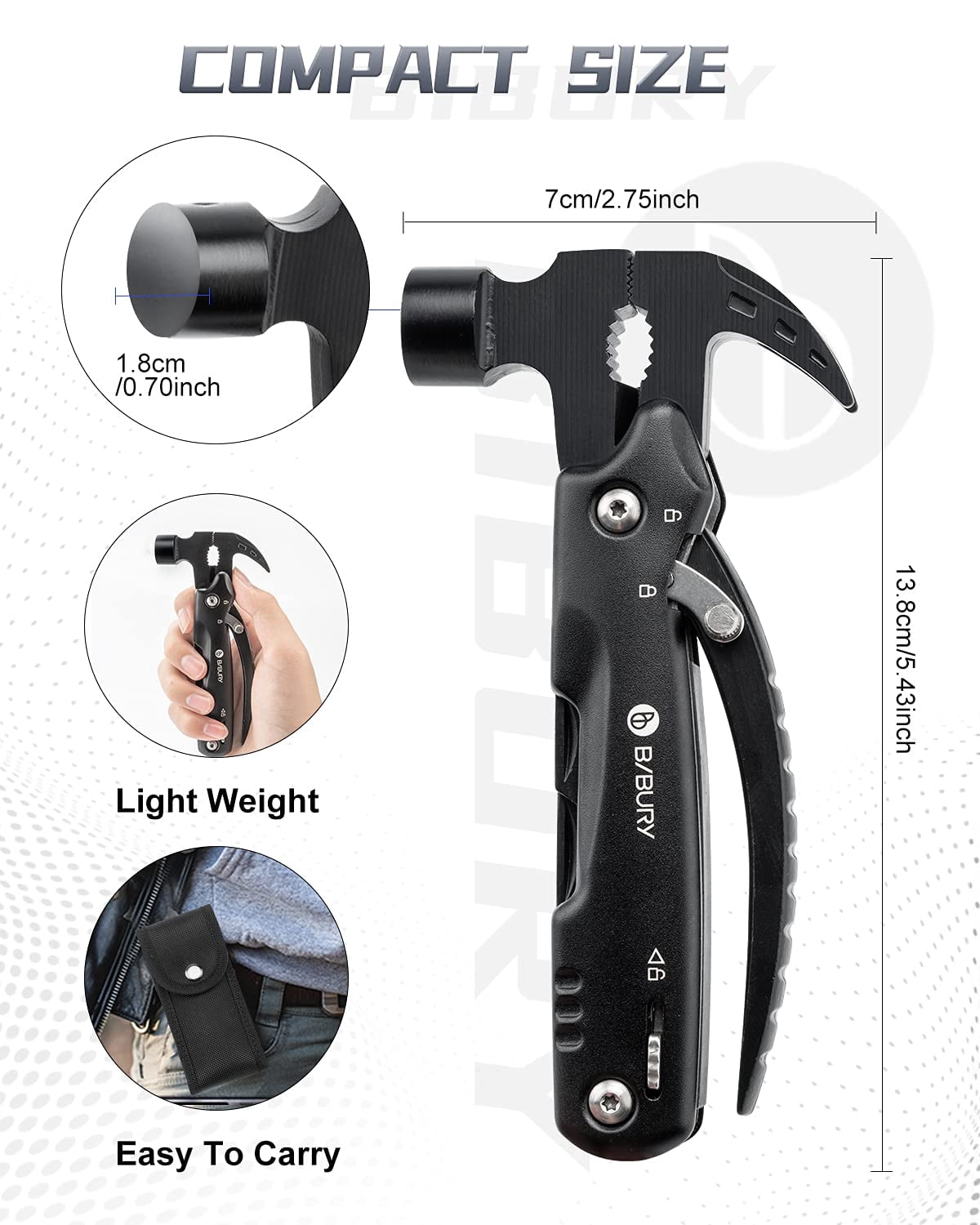 BIBURY 12 in 1Multitool Hammer with Snowflake Tool, Survival Gear Outdoor Multi Tool with Safety Lock, Hammer Multitool for Outdoor, Camping, Hiking,Husband, Boyfriend