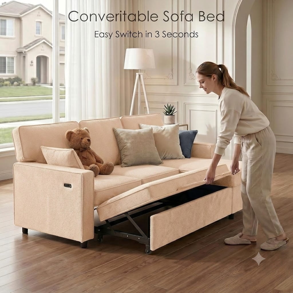 avobird 85.5'' Pull Out Sofa Bed, L Shaped Sleeper Sofa with Flip-Down Center Console & Charging Ports, Chenille Convertible Sofa for Apartment/Living Room, White