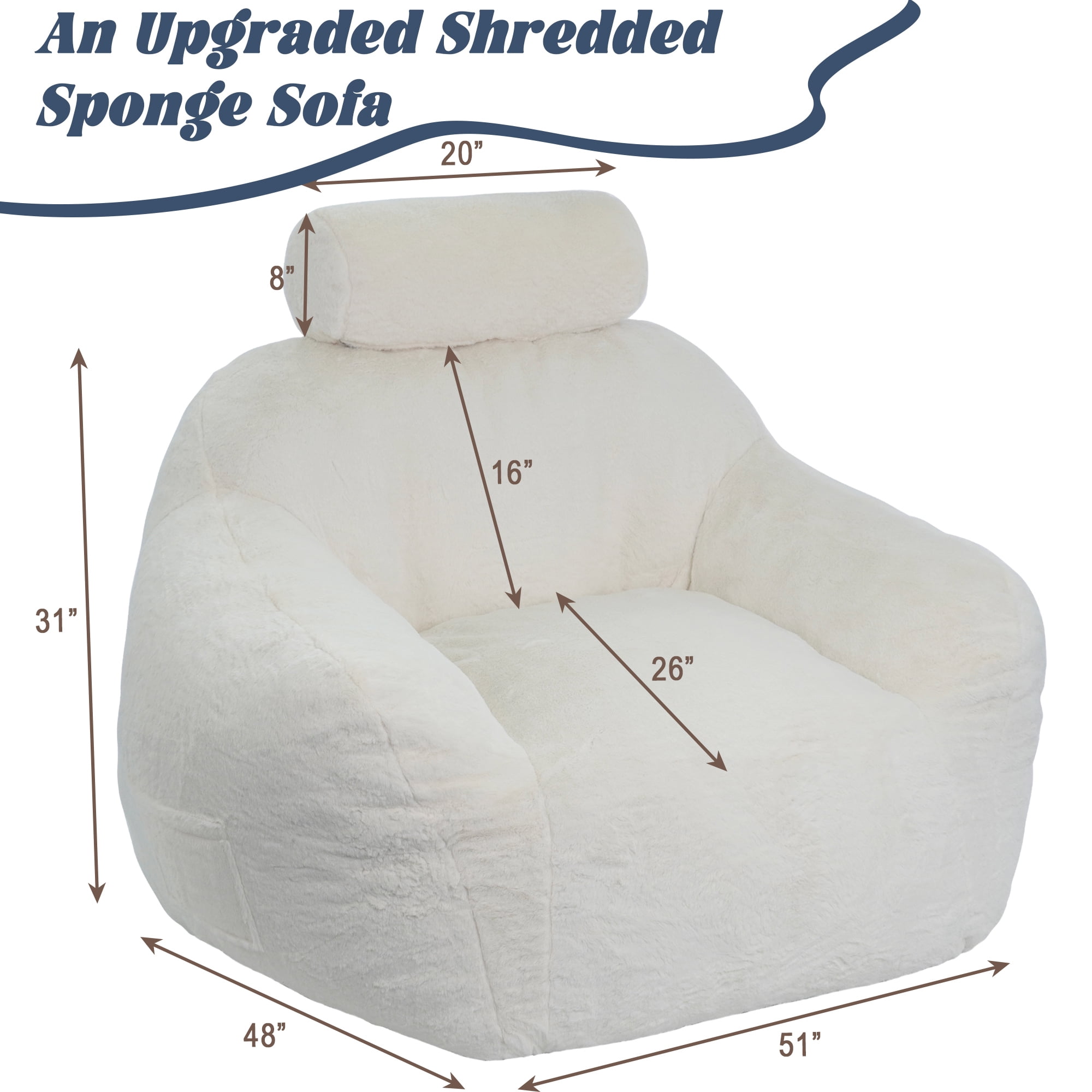 Oversized Foam Bean Bag Sofa Chair, Fluffy Bean Bag Chair with pillow for Adults, Lazy Floor Bean Bag Sofa Couch with Ergonomic Support, Plush Lazy Sofa with Beige Color.