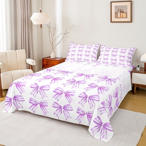 Feelyou Bowknot Teens Queen Sheet Sets, Purple Watercolor Bow Bed Set, 4 Pieces