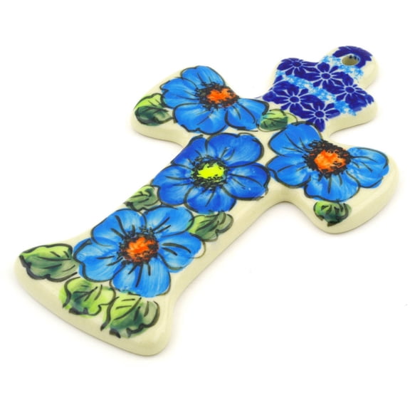 Polish Pottery 7½-inch Cross (Bold Blue Poppies Theme) Signature UNIKAT Hand Painted in Boleslawiec, Poland   Certificate of Authenticity