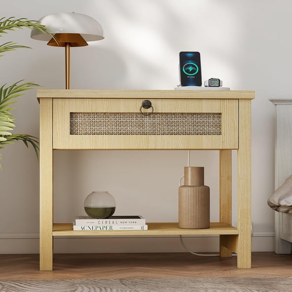 Large Night Stand with Drawers and Open Shelf, Farmhouse Bedroom Nightstand with Charging Station, 27.5" Wide Boho Bedside End Table Rattan Side Table for Bedroom, Small Space
