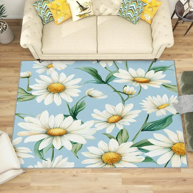 5x8 Rug, Daisy Rug, Girls Floral Rugs for Living Room Bedroom, Nursery Girl Flower Carpet, Washable & Non Slip & Soft Low Pile Large Indoor Area Rug, Daisy Home Decor & Gifts