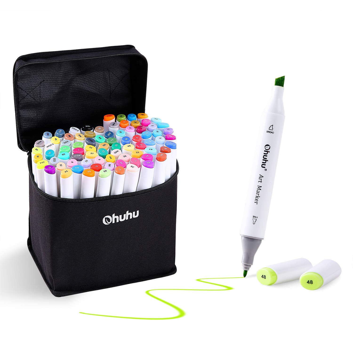 Ohuhu Dual Tip 48 Color Art Markers Set Brush & Chisel Sketch Marker for Kids 