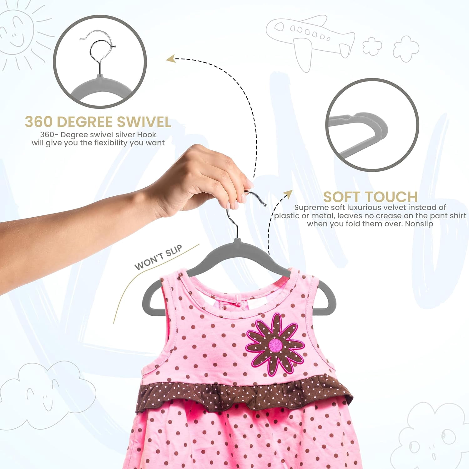 Kids Velvet Hangers 50 Pack – 11 Inch Non-Slip Baby Hangers for Baby and Toddlers, Durable Ultra-Slim Space-Saving Closet Organizers (Grey)