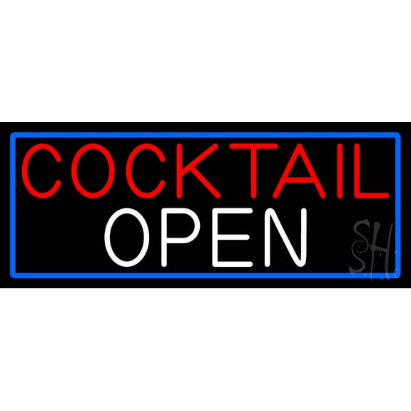 Cocktail Open With Blue Border LED Neon Sign 13 x 32 - inches, Clear Edge Cut Acrylic Backing, with Dimmer - Bright and Premium built indoor LED Neon Sign for Bar decor.