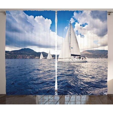 Nautical Curtains 2 Panels Set Sailing Boat And White Sails On Sea Nautical Curtains 2 Panels Set Sailing Boat And White Sails On Sea Waves With Cloudy