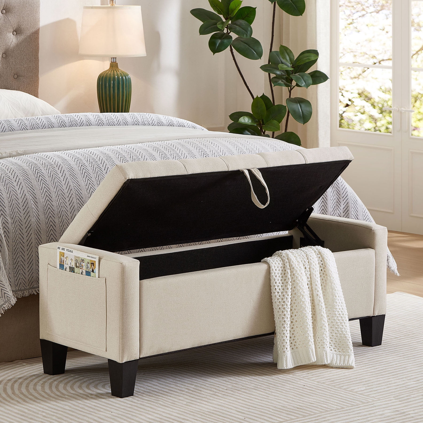 CQSXDA Upholstered Ottoman Bench in Linen with Storage and Safety Hinge for Entryway Seating and Organization