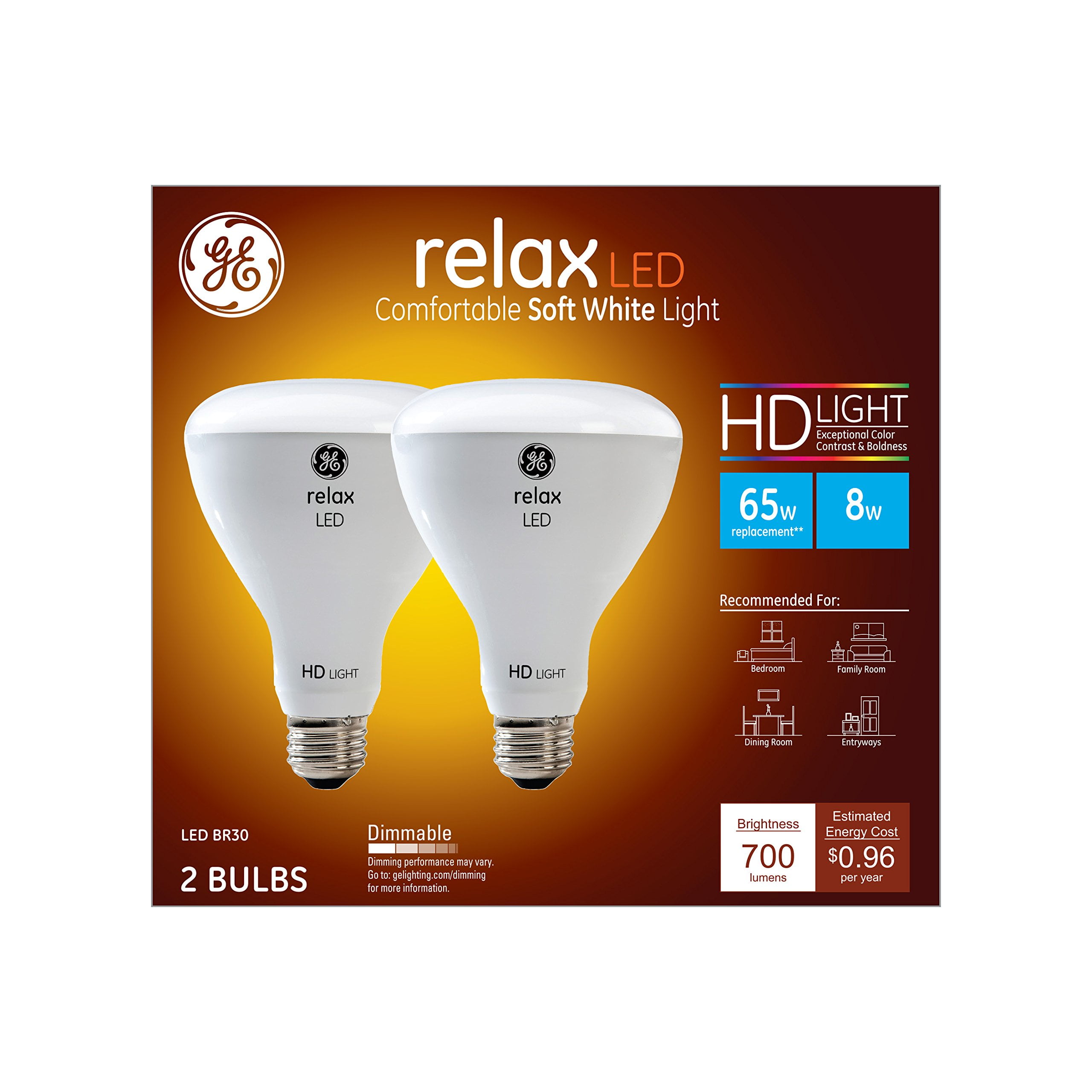 GE Lighting Relax HD BR30 Flood Light Dimmable LED Light Bulb, Medium Base, Soft White, 2-Pack