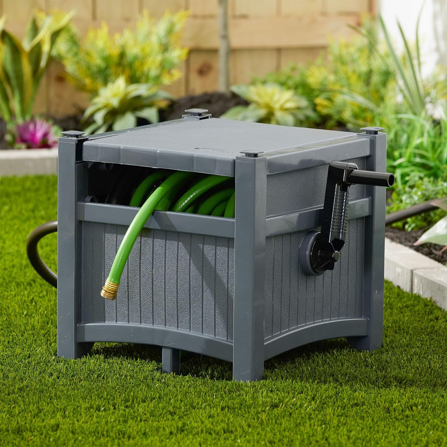 Garden Hose Hideaway Storage Reel Box, Cyberspace Grey – Resin Outdoor Container, Holds up to 100 Feet of 5/8 Inch Standard Vinyl Water Line – No Assembly Required
